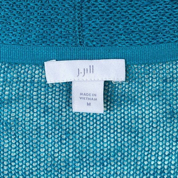 J. Jill Aqua Blue Open Knit Open Face Long Cardigan Sweater with Pockets Size M - Picture 3 of 5